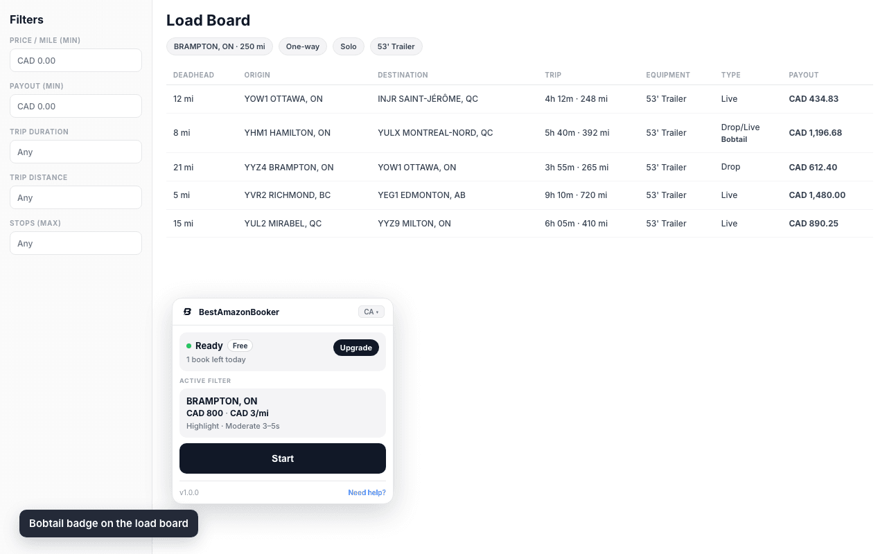 Amazon Relay load card with BestAmazonBooker Bobtail badge under the loading type column