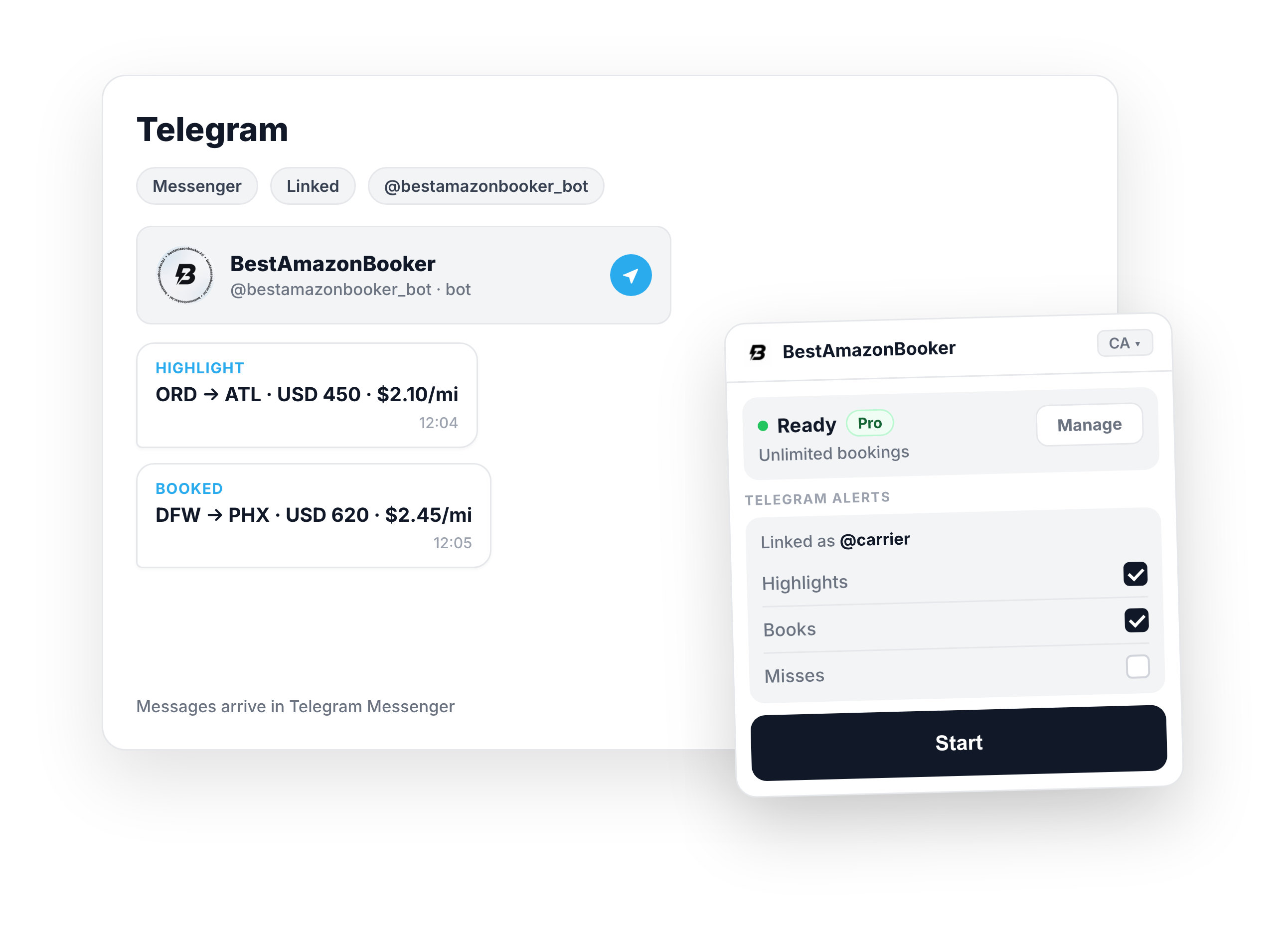 Telegram Messenger chat with BestAmazonBooker alerts beside the floating extension widget